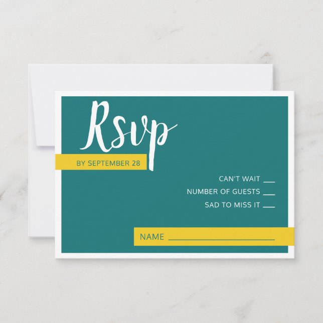 Modern Contemporary green & yellow wedding minimal RSVP Card (Front)