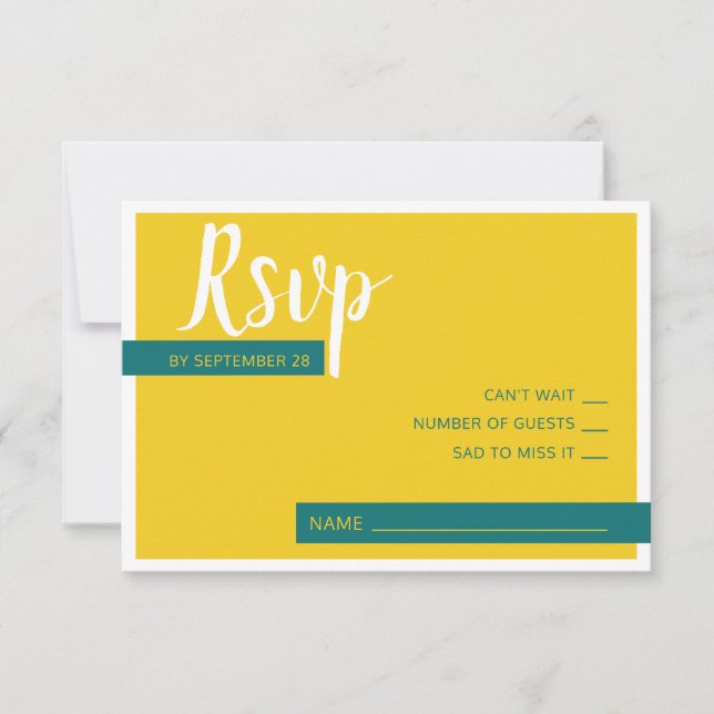 Modern Contemporary green & yellow wedding minimal RSVP Card (Front)