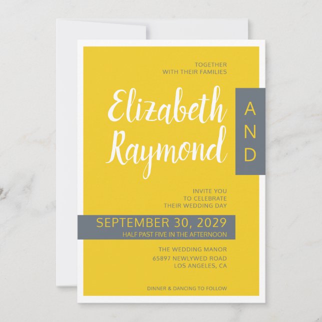 Modern Contemporary grey & yellow minimal wedding  Invitation (Front)
