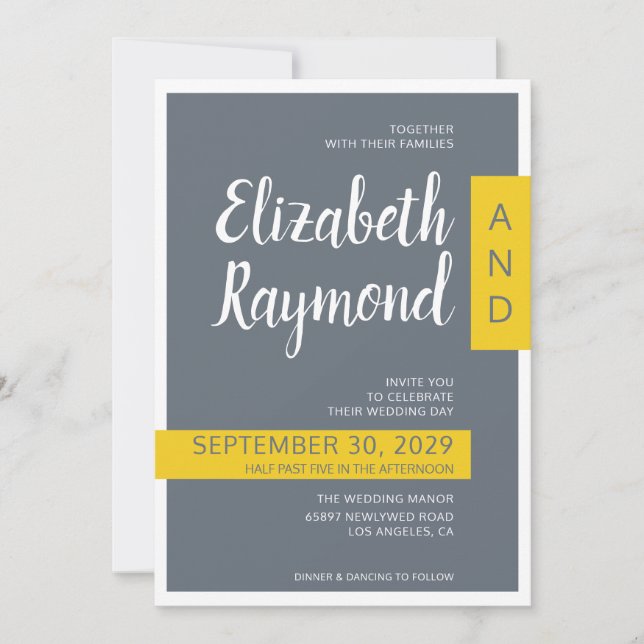 Modern Contemporary grey & yellow minimal wedding  Invitation (Front)