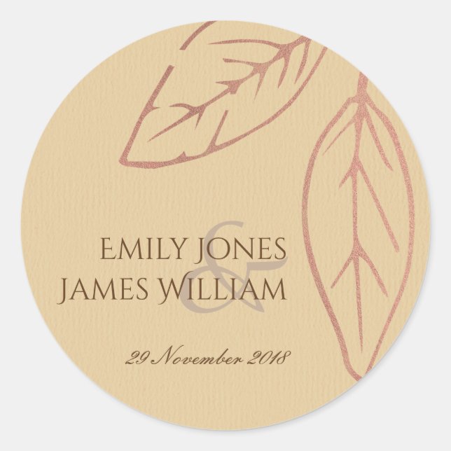 MODERN CONTEMPORARY KRAFT PEACH LEAVES WEDDING CLASSIC ROUND STICKER (Front)