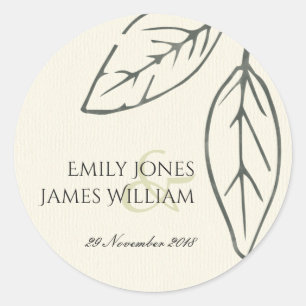 MODERN CONTEMPORARY KRAFT WHITE LEAVES WEDDING CLASSIC ROUND STICKER