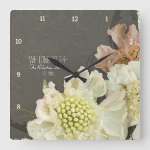 Modern Contemporary Painterly Pincushion Flowers Square Wall Clock