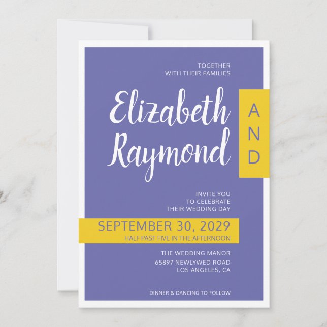 Modern contemporary purple yellow minimal wedding invitation (Front)