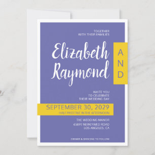 Modern contemporary purple yellow minimal wedding invitation