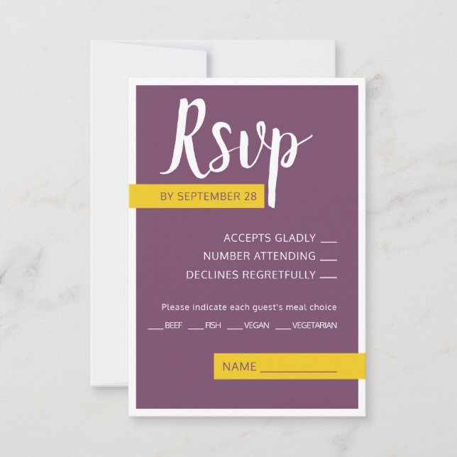 Modern Contemporary purple yellow wedding minimal  RSVP Card (Front)