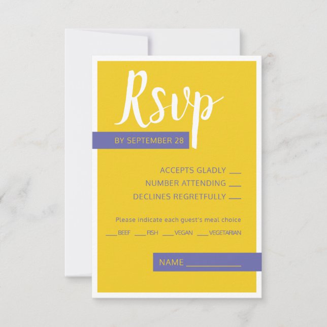 Modern Contemporary purple yellow wedding minimal RSVP Card (Front)
