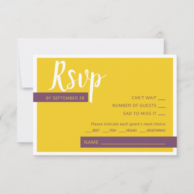 Modern Contemporary purple yellow wedding minimal  RSVP Card (Front)