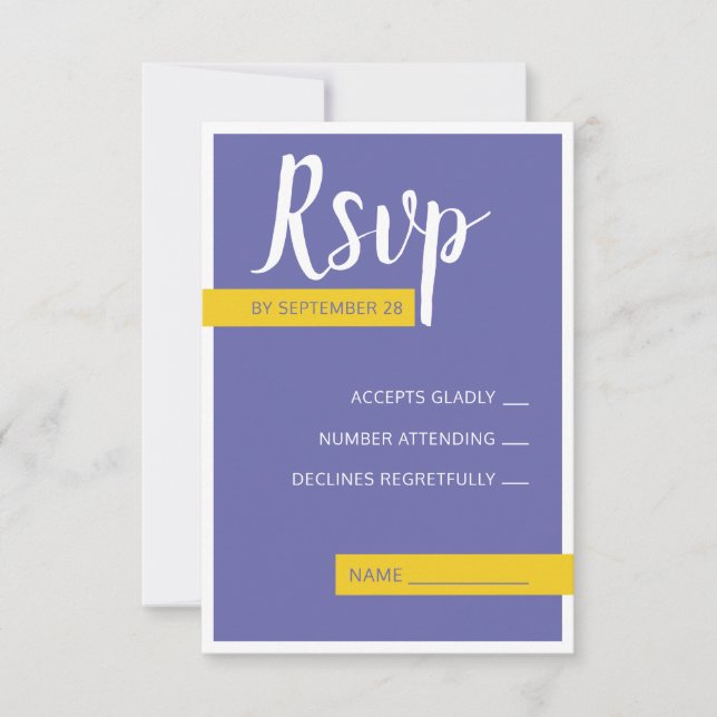 Modern Contemporary purple yellow wedding minimal RSVP Card (Front)