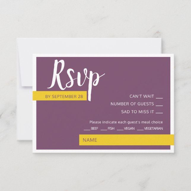 Modern Contemporary purple yellow wedding minimal  RSVP Card (Front)