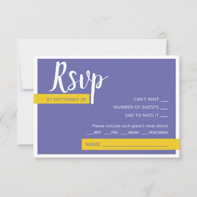 Modern Contemporary purple yellow wedding minimal RSVP Card (Front)
