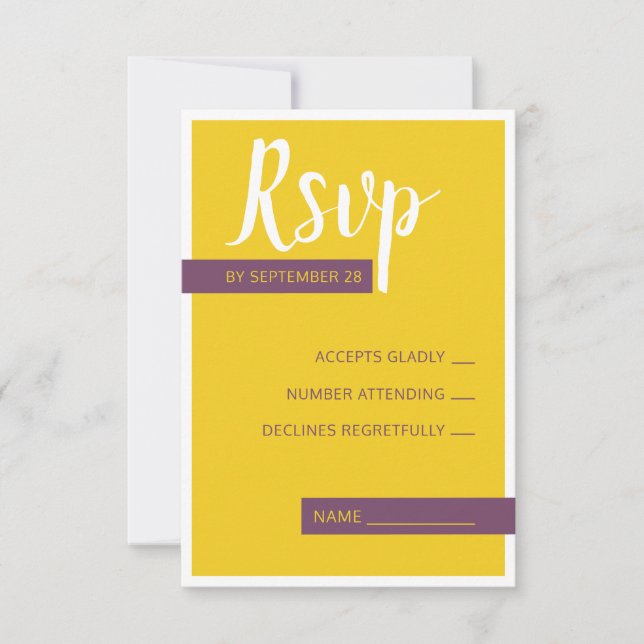 Modern Contemporary purple yellow wedding minimal RSVP Card (Front)