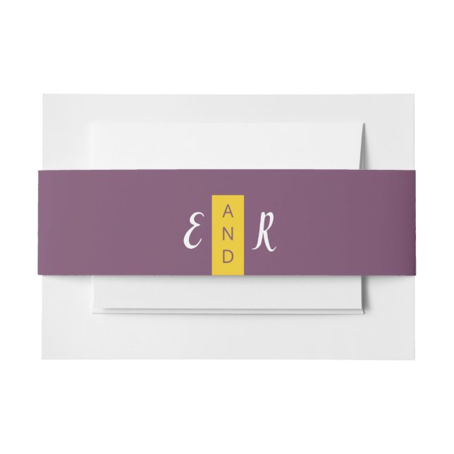 Modern Contemporary purple yellow wedding monogram Invitation Belly Band (Front Example)