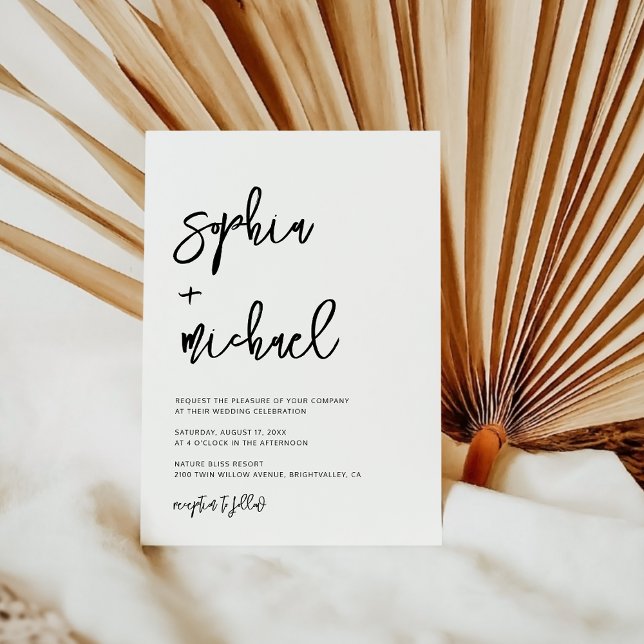 Modern Contemporary Script Black White Wedding Invitation (Creator Uploaded)