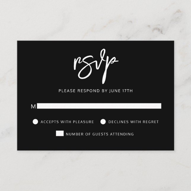 Modern Contemporary Script Black White Wedding RSVP Card (Front)