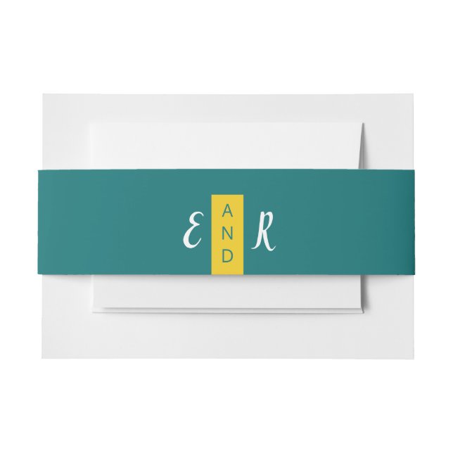 Modern Contemporary teal & yellow wedding monogram Invitation Belly Band (Front Example)