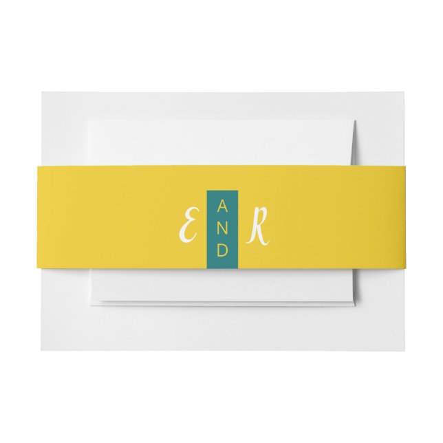 Modern Contemporary teal & yellow wedding monogram Invitation Belly Band (Front Example)