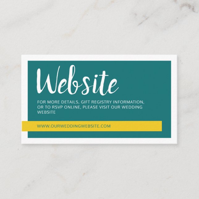 Modern contemporary teal & yellow wedding website enclosure card (Front)