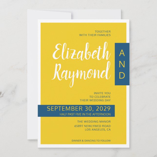 Modern contemporary yellow & blue minimal wedding invitation (Front)
