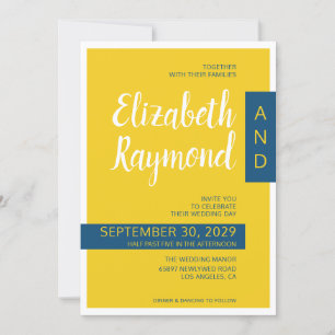 Modern contemporary yellow & blue minimal wedding invitation