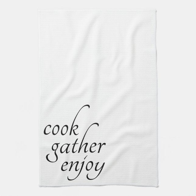 Modern Cook Gather Enjoy Script Tea Towel (Vertical)