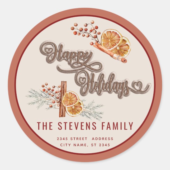 Modern cookie script happy holiday cinnamon orange classic round sticker (Front)