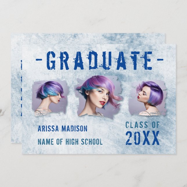 Modern Cool 4 Photo Double Sided Blue Graduation Announcement (Front/Back)