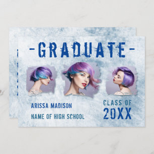 Modern Cool 4 Photo Double Sided Blue Graduation Announcement