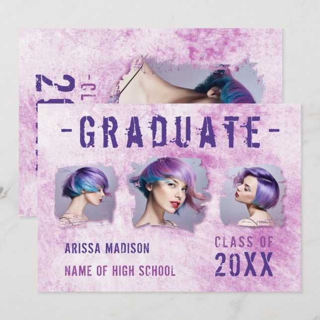 Modern Cool 4 Photo Double Sided Pink Purple Grad Announcement (Front/Back)