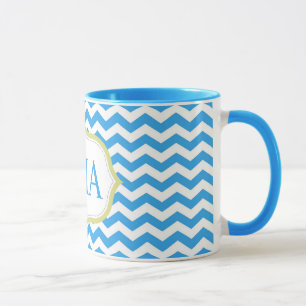 modern cool blue chevron stripes monogram initials mug