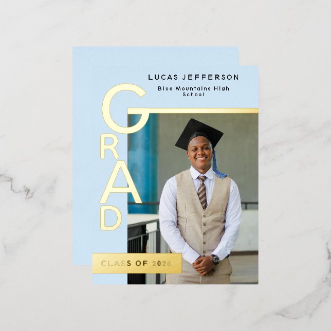 Modern Cool Blue Graduation Party Invitation Gold (Front/Back)
