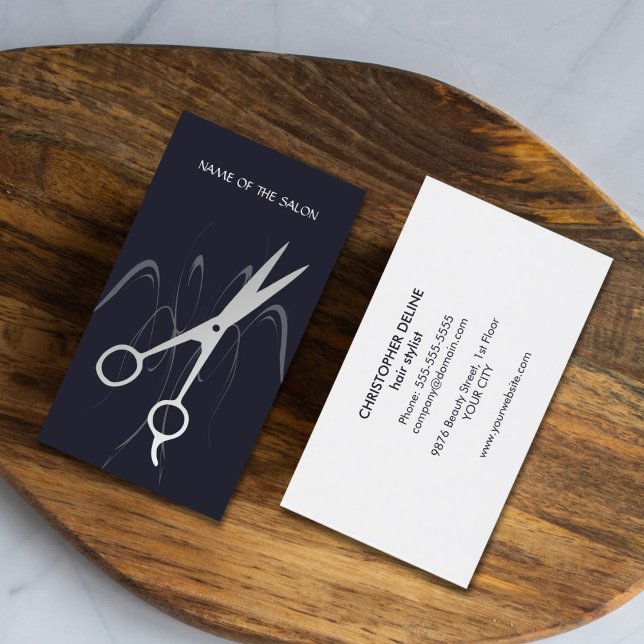 Modern Cool Dark Blue Silver Scissor Hair Stylist Business Card (Creator Uploaded)