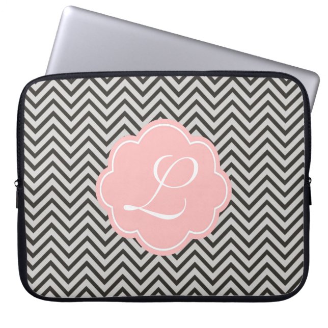 Modern, cool, dark coffee and grey chevron laptop sleeve (Front)