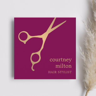 Modern Cool Deep Red Faux Gold Scissor Hairstylist Square Business Card