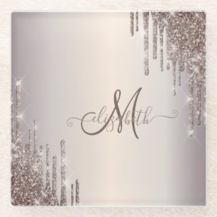 Modern Cool Glitter Drips Monogram   Glass Coaster