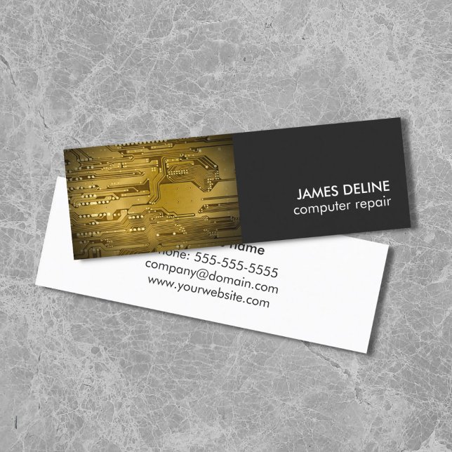Modern Cool Gold Grey Circuit Computer Repair Mini Business Card (Creator Uploaded)