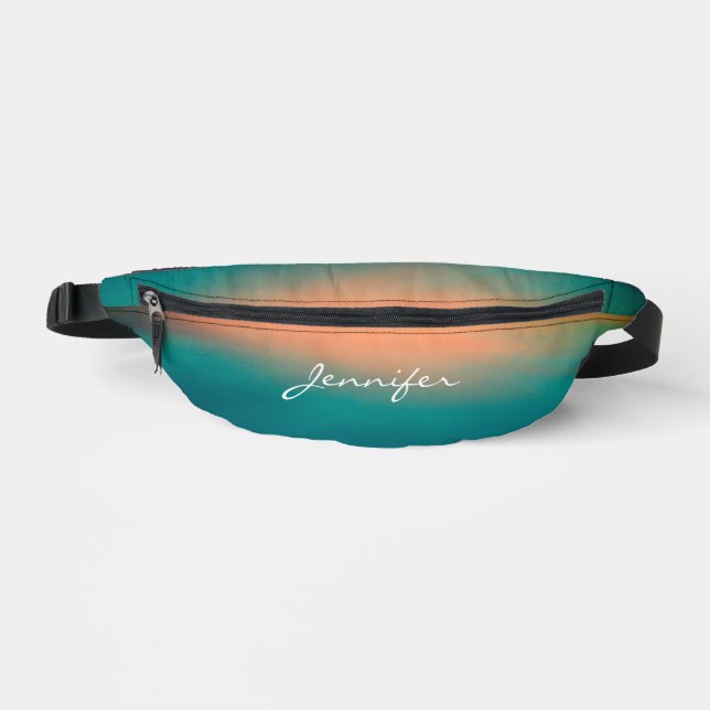 Modern Cool Gradient Teal Green Orange Name Bum Bags (Front)