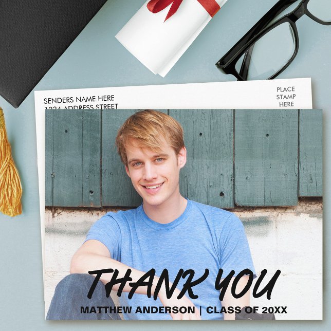 Modern Cool Graduation Thank You Photo Announcement Postcard (Customize your personalized text size or text style.)