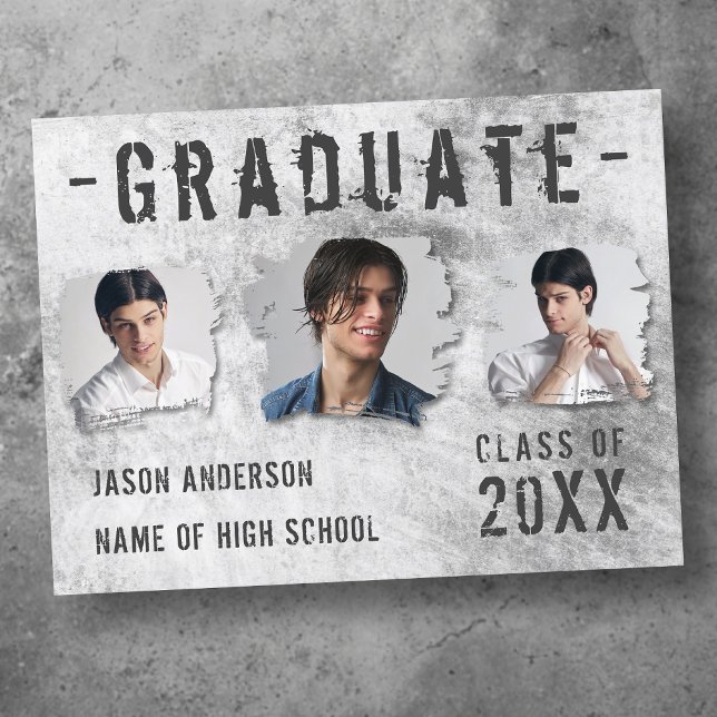 Modern Cool Grunge 3 Photo Graduate Announcement Postcard (Creator Uploaded)