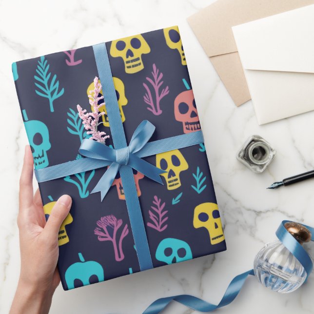 Modern Cool Halloween Night Colourful Skull Patter Wrapping Paper (Gifting)