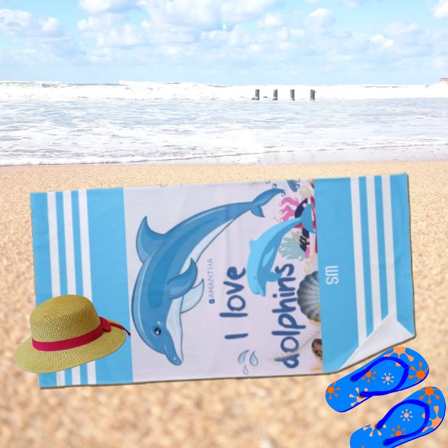 Modern & Cool I Love Dolphins Quotes Name  Beach Towel (Creator Uploaded)