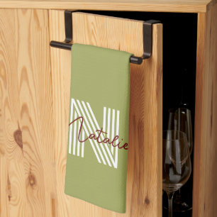 Modern cool initial and script text olive green tea towel