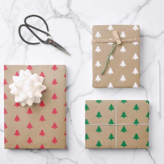 Modern Cool Kraft White Red Green Trees Wrapping Paper Sheet (Front)