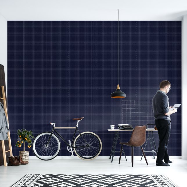 Modern Cool Minimalist Dark Navy Blue Chequered Wallpaper (Living Room)