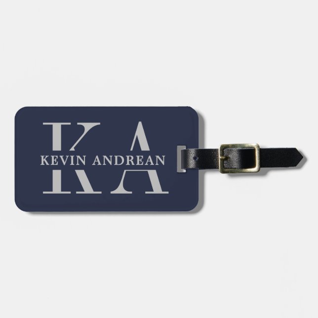 Modern Cool Navy Blue Monogram Luggage Tag (Front Horizontal)