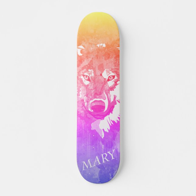 Modern cool orange purple pink watercolor wolf skateboard (Front)
