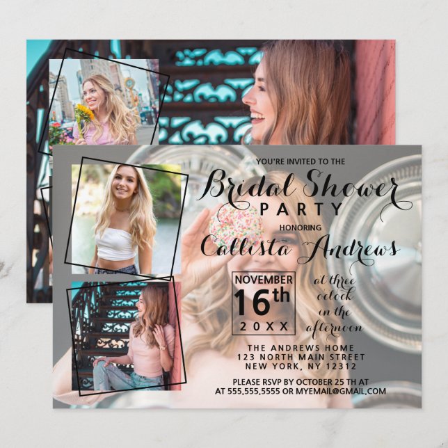 Modern Cool Photo Collage Bridal Shower Invitation (Front/Back)