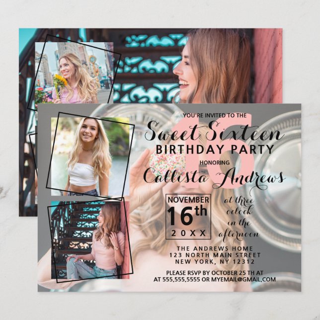 Modern Cool Photo Collage Sweet 16 Birthday Invitation (Front/Back)