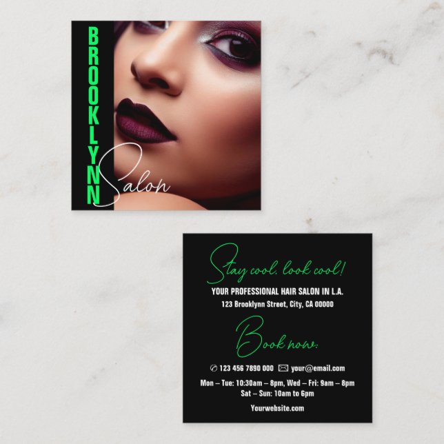 Modern Cool Photo Image Design Neon Green Slogan Square Business Card (Front/Back)