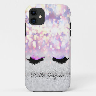Modern Cool Pink Silver Glitter Bokeh,Faux Lashes  iPhone 11 Case